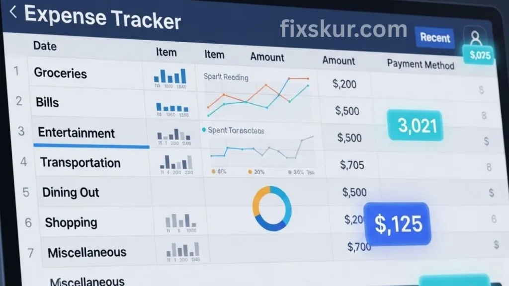 Digital expense tracker spreadsheet with automated formulas, categories, and visual mini-charts