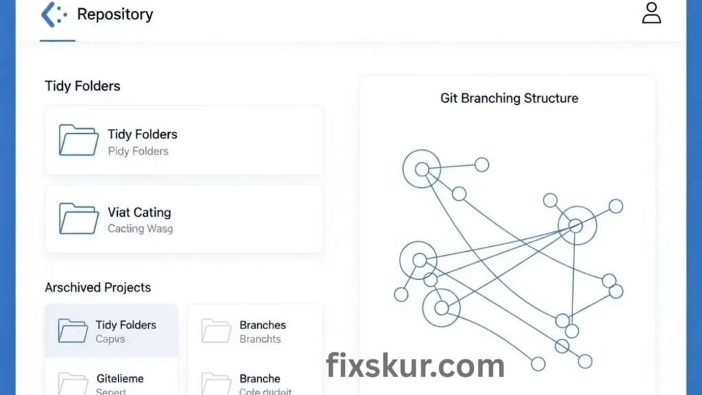 Vector graphic of clean code repository with organized branches and archived projects.
