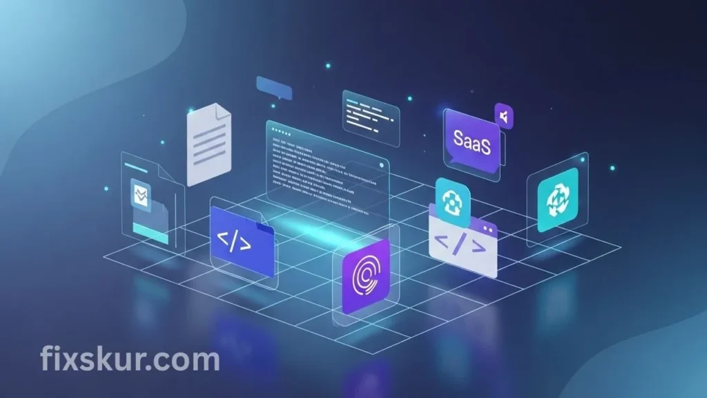 Futuristic illustration of an organized digital workspace highlighting the importance of digital declutter for tech professionals.
