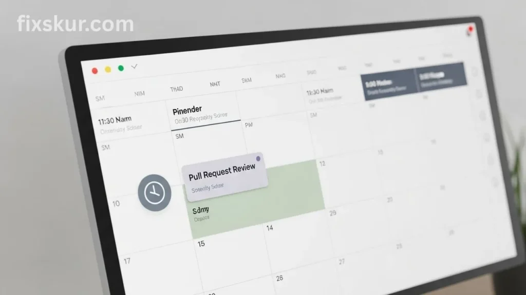 Digital calendar with blocked time slots dedicated to GitHub pull request reviews.