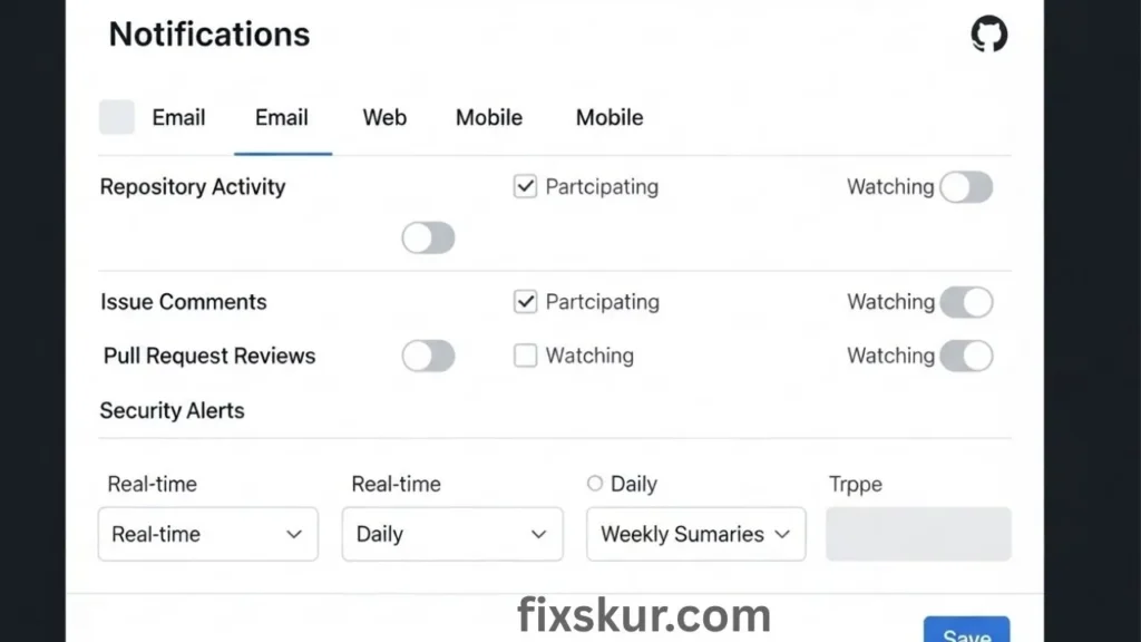 GitHub notification settings panel with toggles and options for reviewing global preferences.