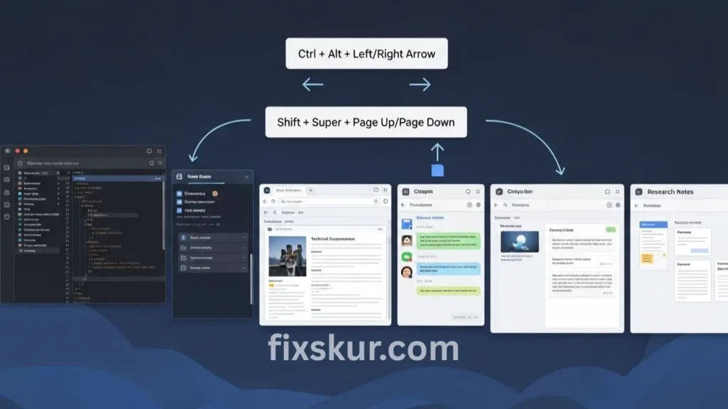 Linux workspace navigation with virtual desktops and hotkey shortcuts